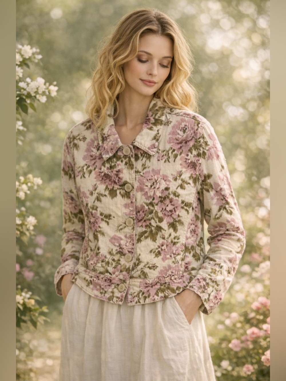 VTG N Touch Collared Floral Jacket Linen Blend Sz 8 Career Office